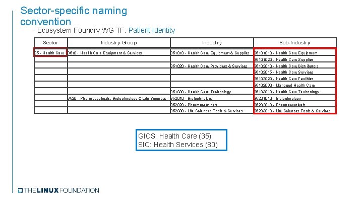 Sector-specific naming convention - Ecosystem Foundry WG TF: Patient Identity Sector Industry Group Industry