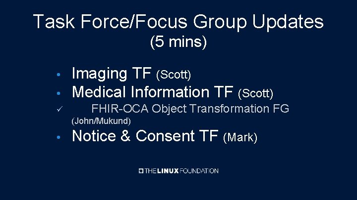 Task Force/Focus Group Updates (5 mins) • Imaging TF (Scott) Medical Information TF (Scott)