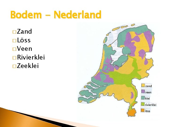 Bodem - Nederland � Zand � Löss � Veen � Rivierklei � Zeeklei 