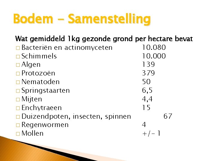 Bodem - Samenstelling Wat gemiddeld 1 kg gezonde grond per hectare bevat � Bacteriën