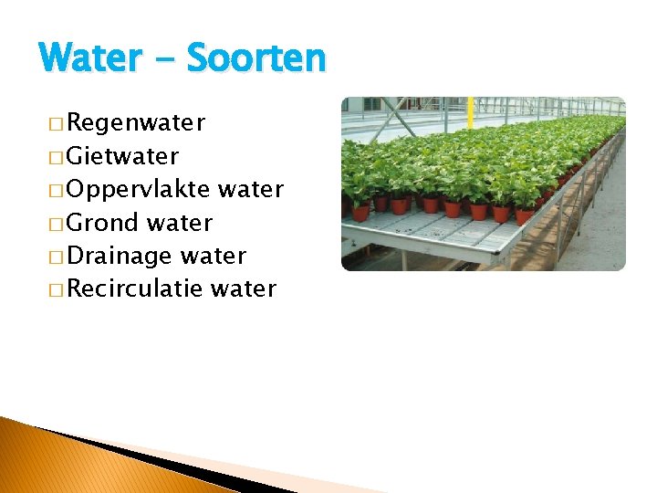 Water - Soorten � Regenwater � Gietwater � Oppervlakte � Grond water � Drainage