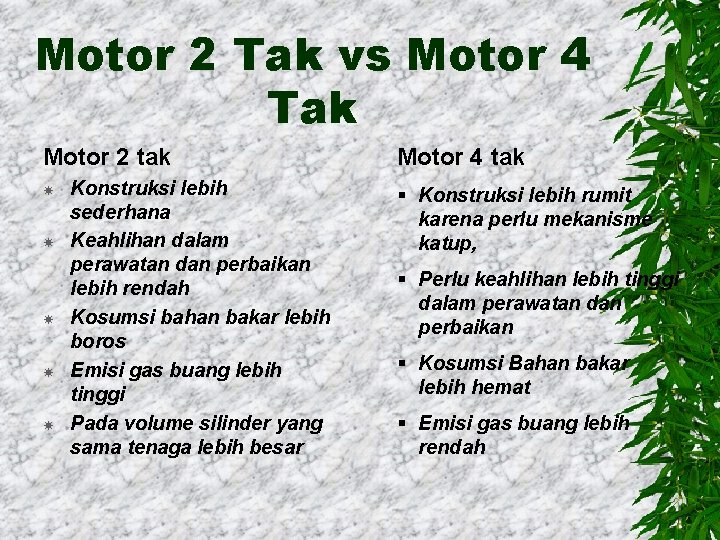 Motor 2 Tak vs Motor 4 Tak Motor 2 tak Konstruksi lebih sederhana Keahlihan