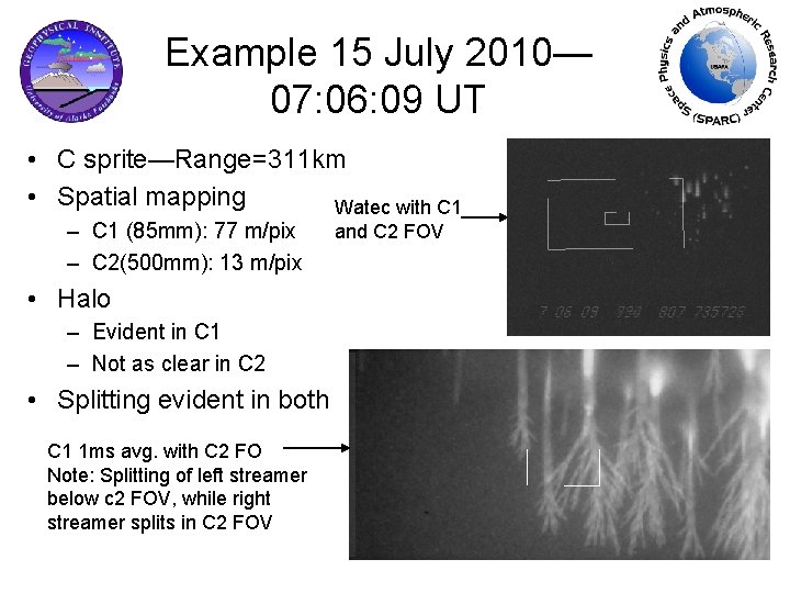 Example 15 July 2010— 07: 06: 09 UT • C sprite—Range=311 km • Spatial