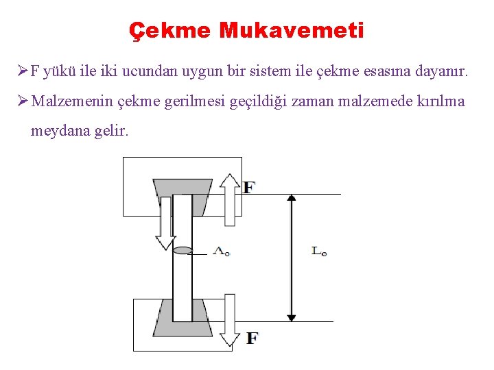 Çekme Mukavemeti ØF yükü ile iki ucundan uygun bir sistem ile çekme esasına dayanır.