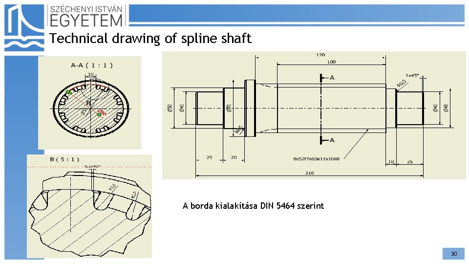 Technical drawing of spline shaft A borda kialakítása DIN 5464 szerint 30 