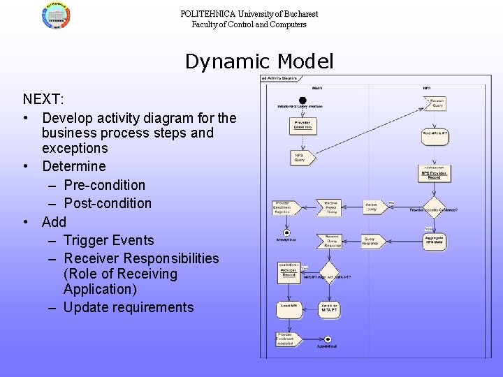 POLITEHNICA University of Bucharest Faculty of Control and Computers Dynamic Model NEXT: • Develop