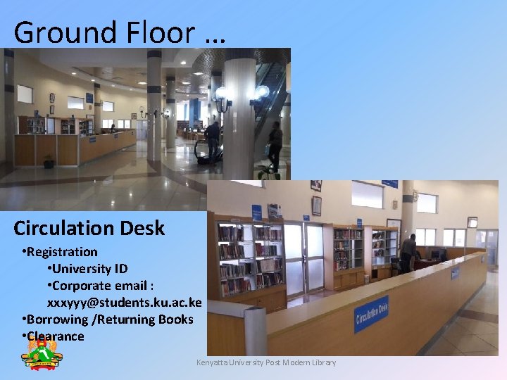 Ground Floor … Circulation Desk • Registration • University ID • Corporate email :