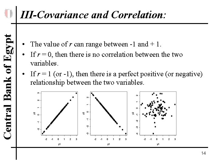 Central Bank of Egypt III-Covariance and Correlation: • The value of r can range