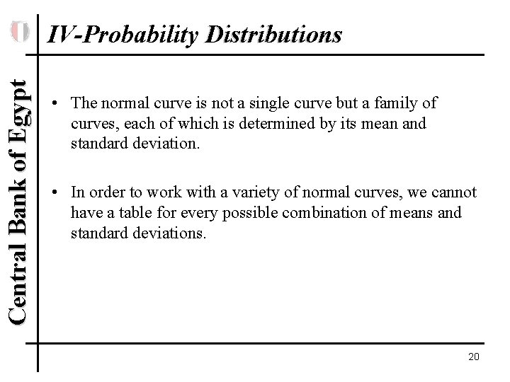 Central Bank of Egypt IV-Probability Distributions • The normal curve is not a single