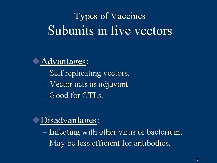 Types of Vaccines Subunits in live vectors u. Advantages: – Self replicating vectors. –