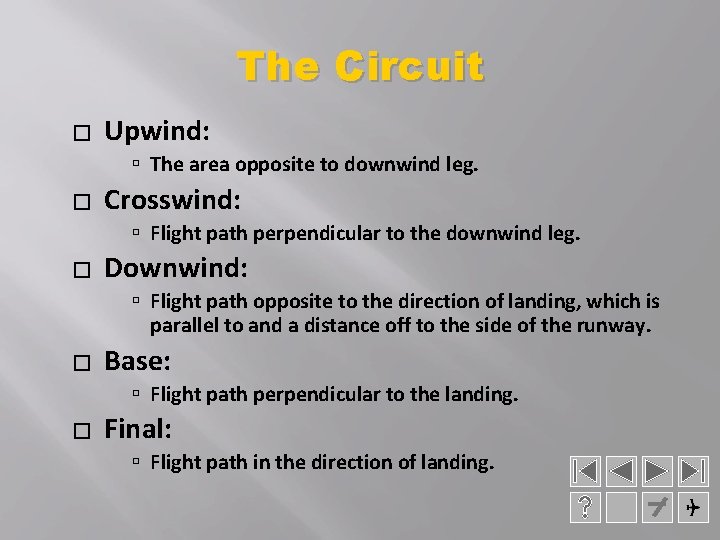 The Circuit � Upwind: The area opposite to downwind leg. � Crosswind: Flight path