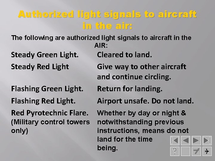 Authorized light signals to aircraft in the air: The following are authorized light signals