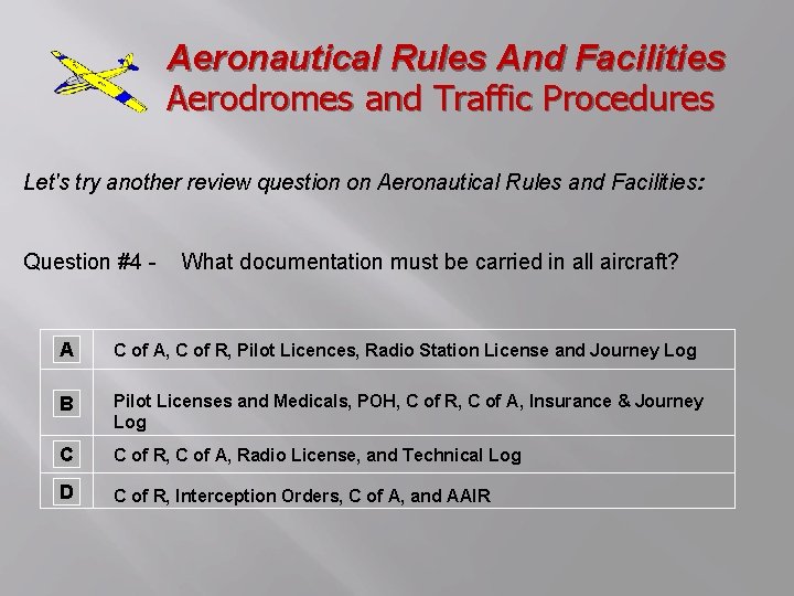 Aeronautical Rules And Facilities Aerodromes and Traffic Procedures Let's try another review question on