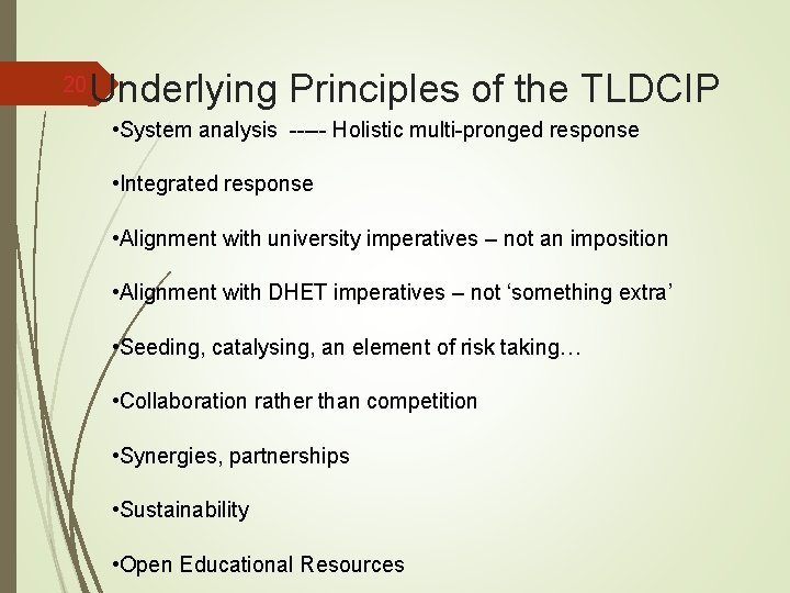 20 Underlying Principles of the TLDCIP • System analysis ----- Holistic multi-pronged response •