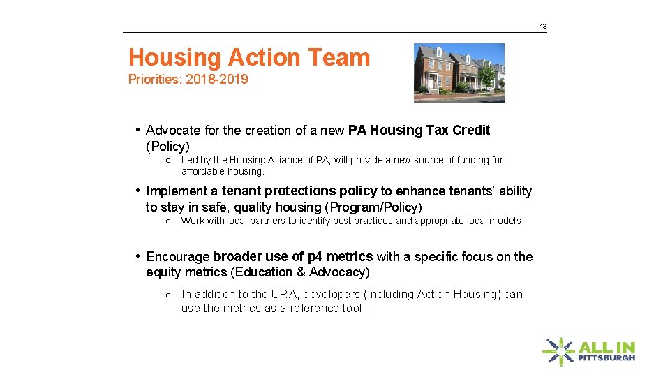 13 Housing Action Team Priorities: 2018 -2019 • Advocate for the creation of a