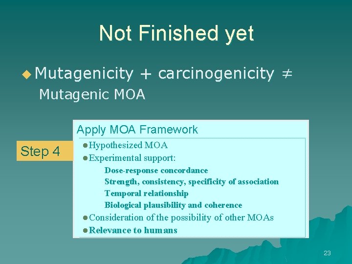 Not Finished yet u Mutagenicity + carcinogenicity ≠ Mutagenic MOA Apply MOA Framework Step
