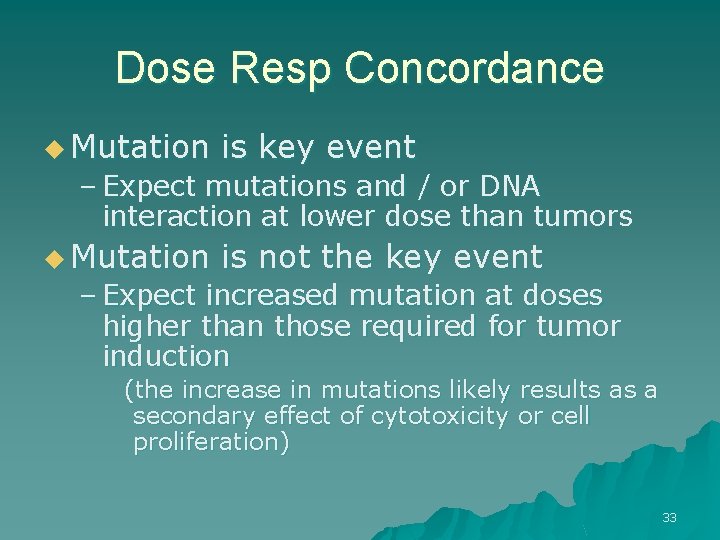 Dose Resp Concordance u Mutation is key event – Expect mutations and / or