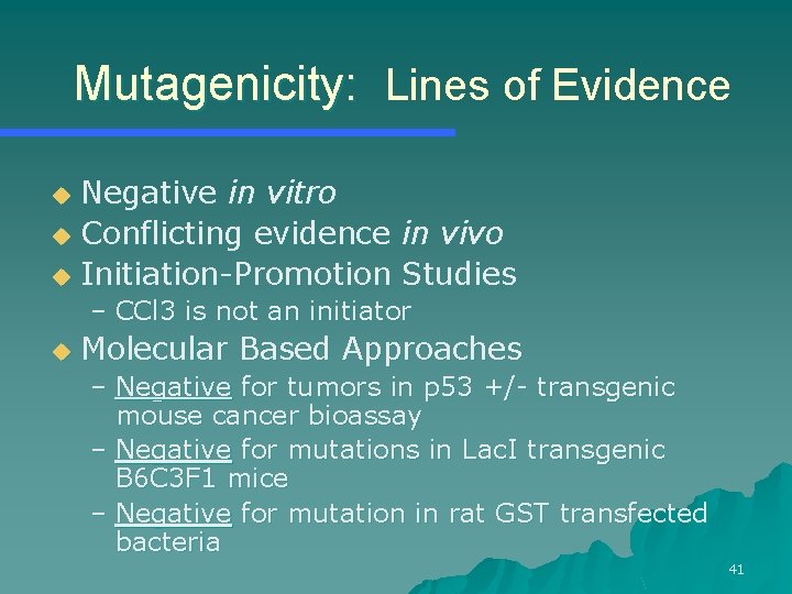 Mutagenicity: Lines of Evidence Negative in vitro u Conflicting evidence in vivo u Initiation-Promotion