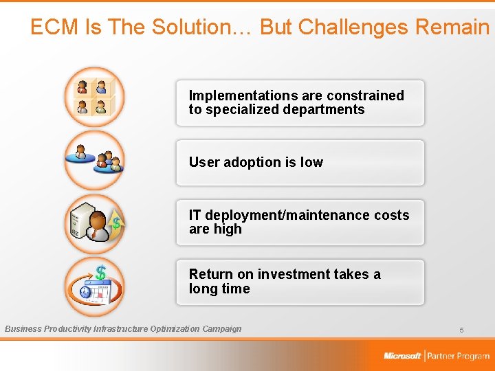 ECM Is The Solution… But Challenges Remain Implementations are constrained to specialized departments User