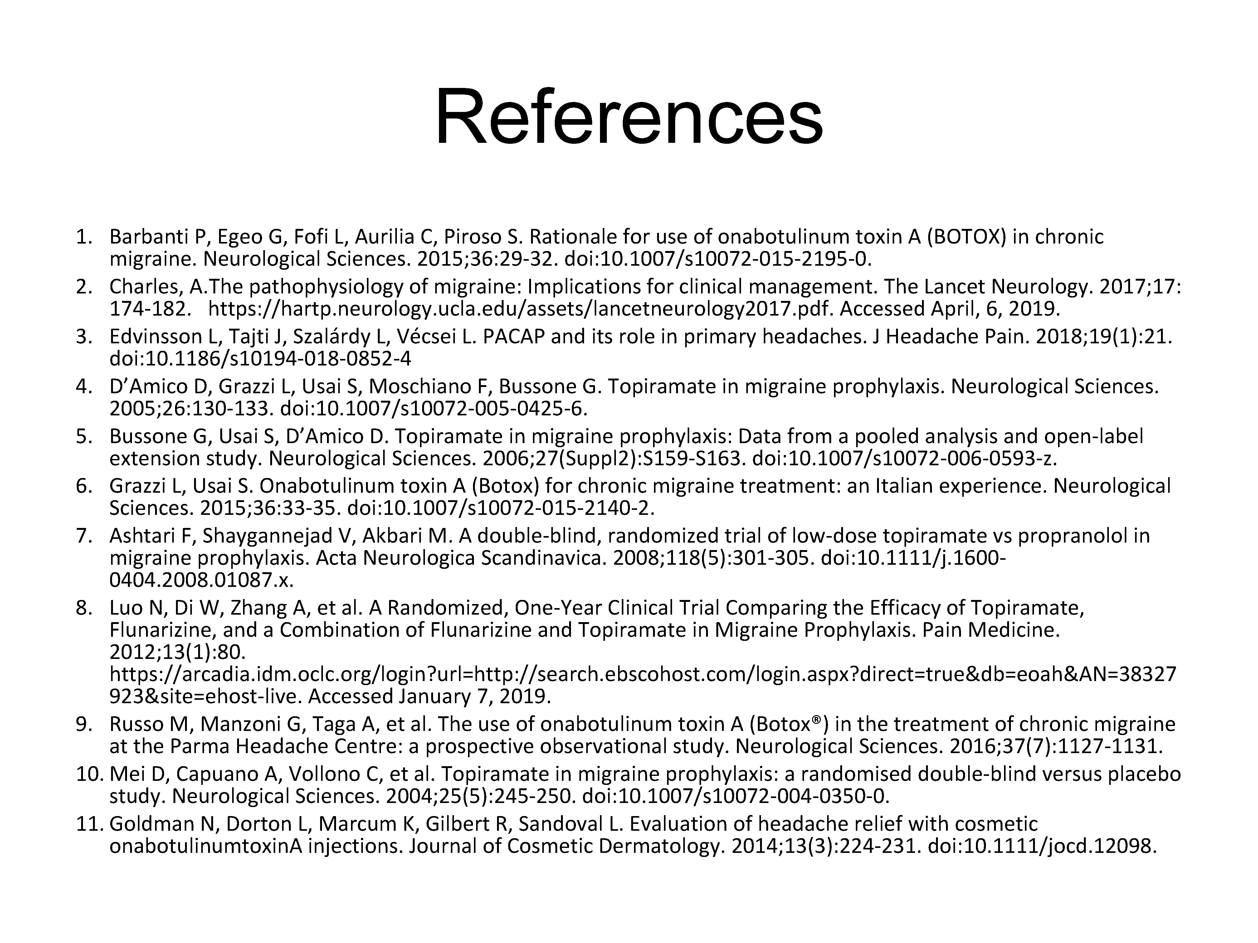 References 1. Barbanti P, Egeo G, Fofi L, Aurilia C, Piroso S. Rationale for