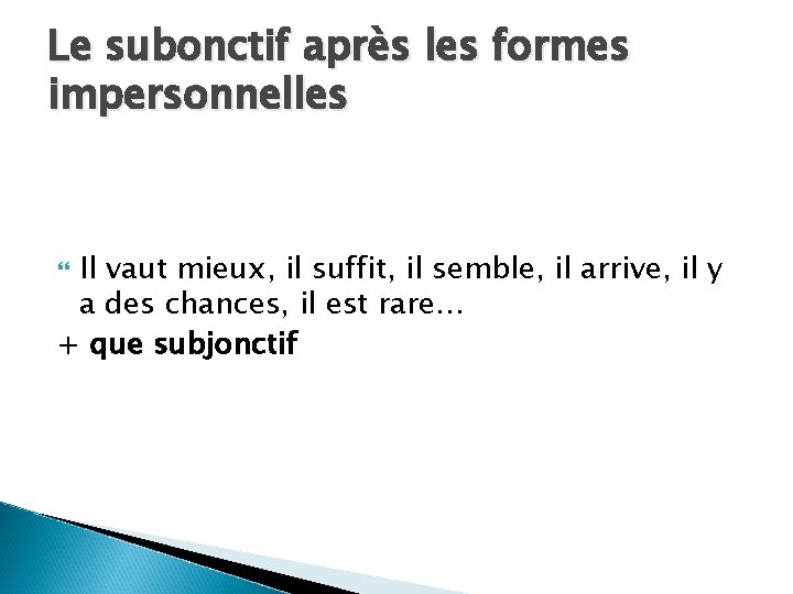 Le subonctif après les formes impersonnelles Il vaut mieux, il suffit, il semble, il