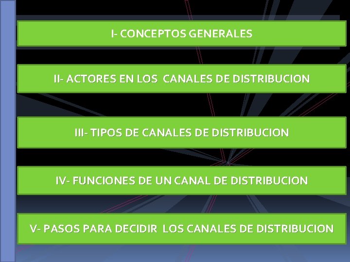 I- CONCEPTOS GENERALES II- ACTORES EN LOS CANALES DE DISTRIBUCION III- TIPOS DE CANALES