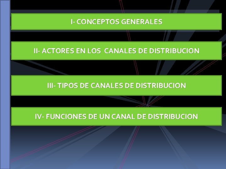 I- CONCEPTOS GENERALES II- ACTORES EN LOS CANALES DE DISTRIBUCION III- TIPOS DE CANALES