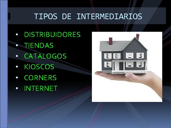 TIPOS DE INTERMEDIARIOS • • • DISTRIBUIDORES TIENDAS CATALOGOS KIOSCOS CORNERS INTERNET 