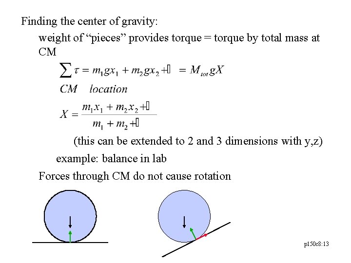 Finding the center of gravity: weight of “pieces” provides torque = torque by total