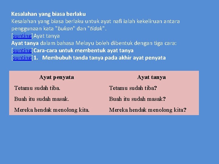 Kesalahan yang biasa berlaku untuk ayat nafi ialah kekeliruan antara penggunaan kata "bukan" dan