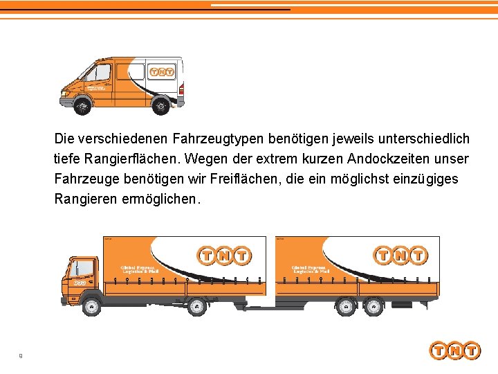 Die verschiedenen Fahrzeugtypen benötigen jeweils unterschiedlich tiefe Rangierflächen. Wegen der extrem kurzen Andockzeiten unser