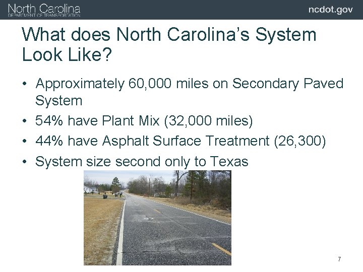 What does North Carolina’s System Look Like? • Approximately 60, 000 miles on Secondary