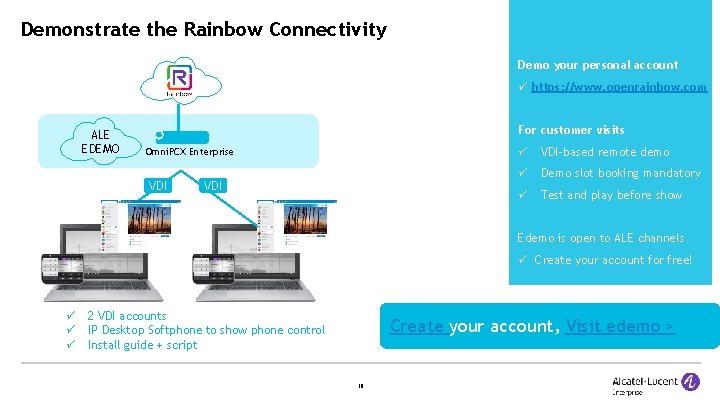 Demonstrate the Rainbow Connectivity Demo your personal account https: //www. openrainbow. com ALE EDEMO