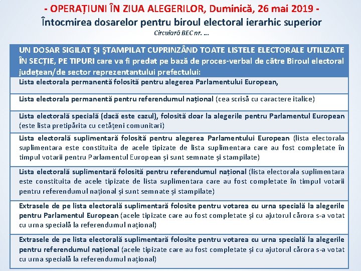 - OPERAȚIUNI ÎN ZIUA ALEGERILOR, Duminică, 26 mai 2019 Întocmirea dosarelor pentru biroul electoral - OPERAȚIUNI ÎN ZIUA ALEGERILOR, Duminică, 26 mai 2019 Întocmirea dosarelor pentru biroul electoral