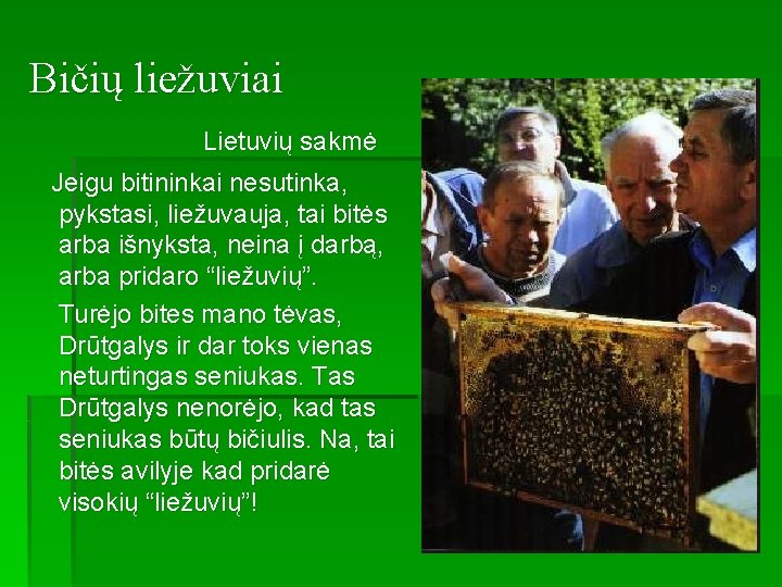 Bičių liežuviai Lietuvių sakmė Jeigu bitininkai nesutinka, pykstasi, liežuvauja, tai bitės arba išnyksta, neina