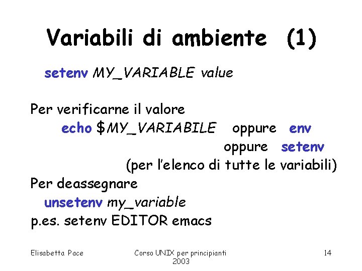 Variabili di ambiente (1) setenv MY_VARIABLE value Per verificarne il valore echo $MY_VARIABILE oppure