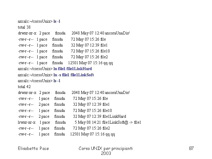 axcalc: ~/corso. Unix> ls -l total 38 drwxr-xr-x 2 pace finuda 2048 May 07