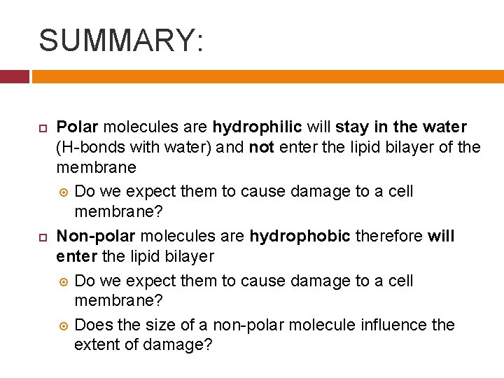 SUMMARY: Polar molecules are hydrophilic will stay in the water (H-bonds with water) and