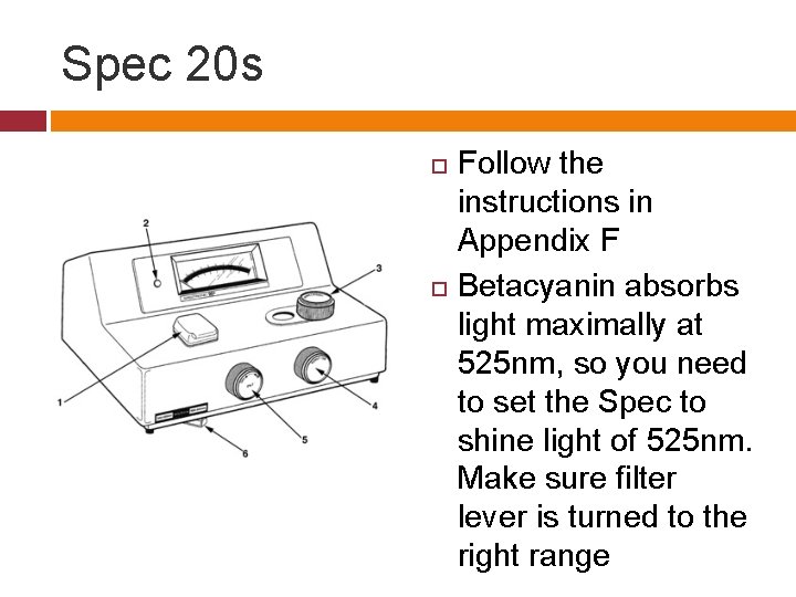 Spec 20 s Follow the instructions in Appendix F Betacyanin absorbs light maximally at