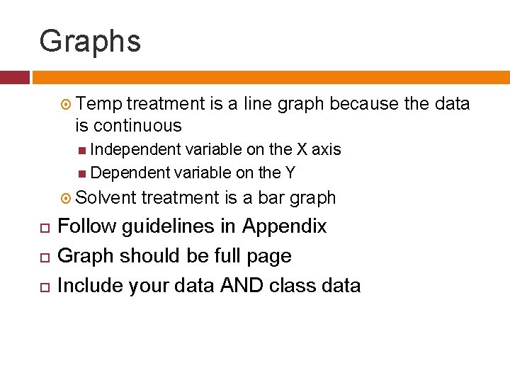 Graphs Temp treatment is a line graph because the data is continuous Independent variable