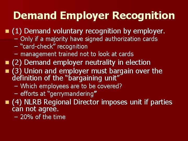 Demand Employer Recognition n (1) Demand voluntary recognition by employer. n n (2) Demand