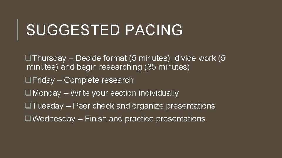 SUGGESTED PACING q. Thursday – Decide format (5 minutes), divide work (5 minutes) and