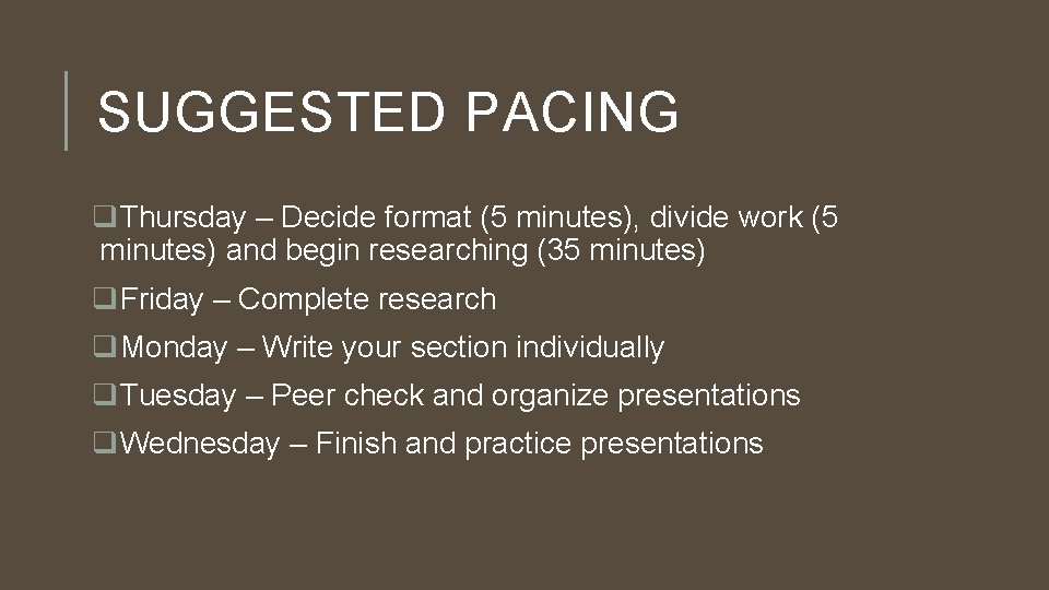 SUGGESTED PACING q. Thursday – Decide format (5 minutes), divide work (5 minutes) and