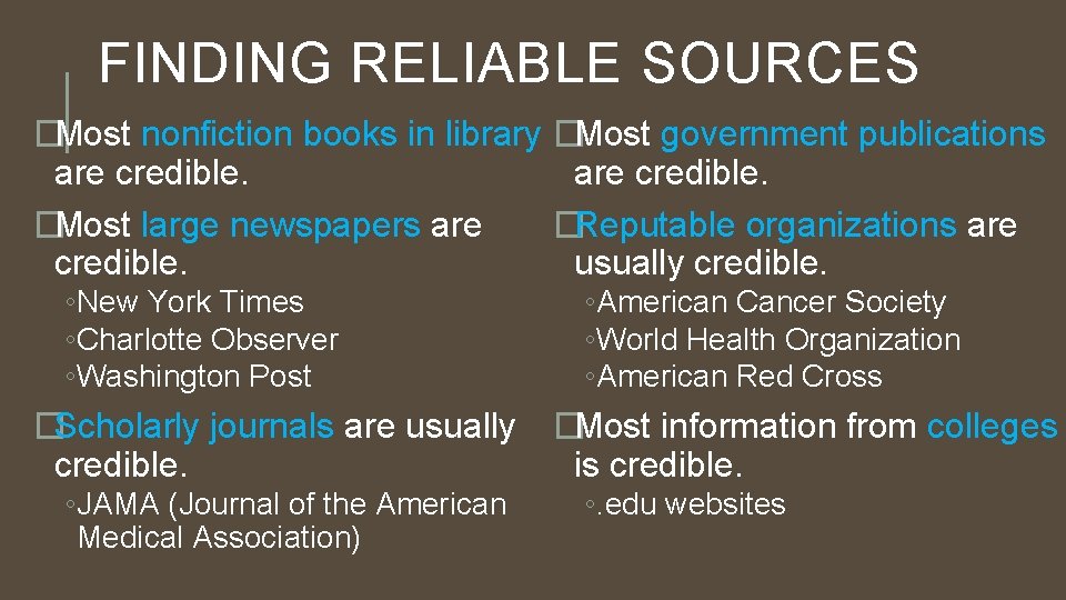 FINDING RELIABLE SOURCES �Most nonfiction books in library �Most government publications are credible. �Most