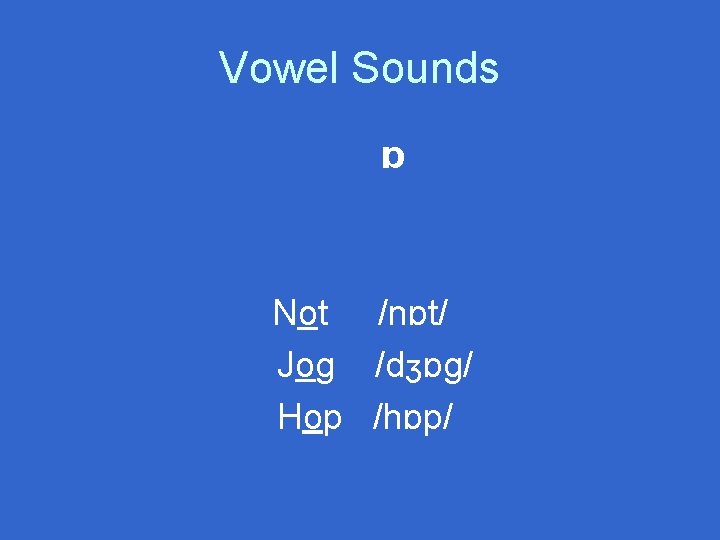 Vowel Sounds ɒ Not /nɒt/ Jog /dʒɒg/ Hop /hɒp/ 