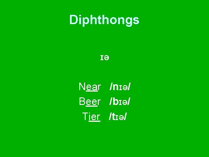 Diphthongs ɪə Near /nɪə/ Beer /bɪə/ Tier /tɪə/ 