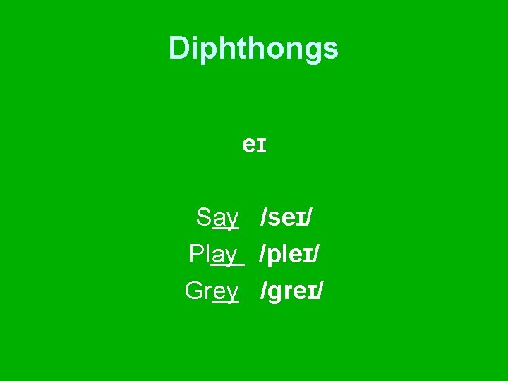 Diphthongs eɪ Say /seɪ/ Play /pleɪ/ Grey /greɪ/ 