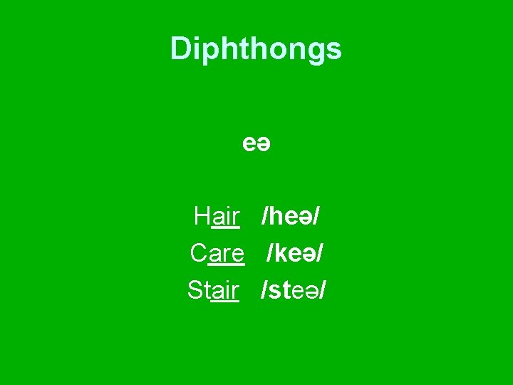Diphthongs eə Hair /heə/ Care /keə/ Stair /steə/ 