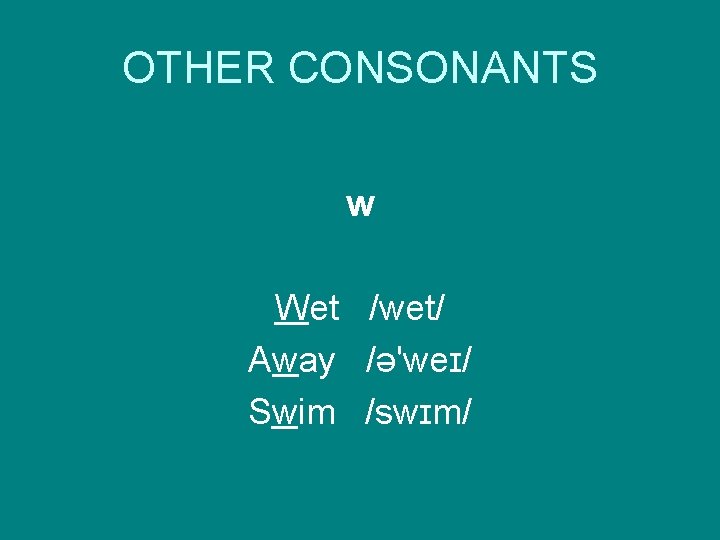 OTHER CONSONANTS w Wet /wet/ Away /ə'weɪ/ Swim /swɪm/ 