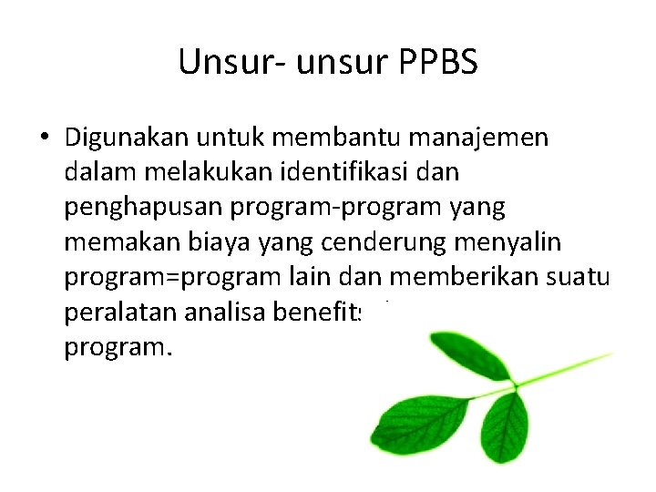 Unsur- unsur PPBS • Digunakan untuk membantu manajemen dalam melakukan identifikasi dan penghapusan program-program